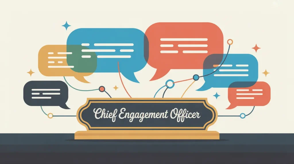 Illustration of chief engagement officer desk nameplate with network and conversation symbols