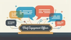 Illustration of chief engagement officer desk nameplate with network and conversation symbols