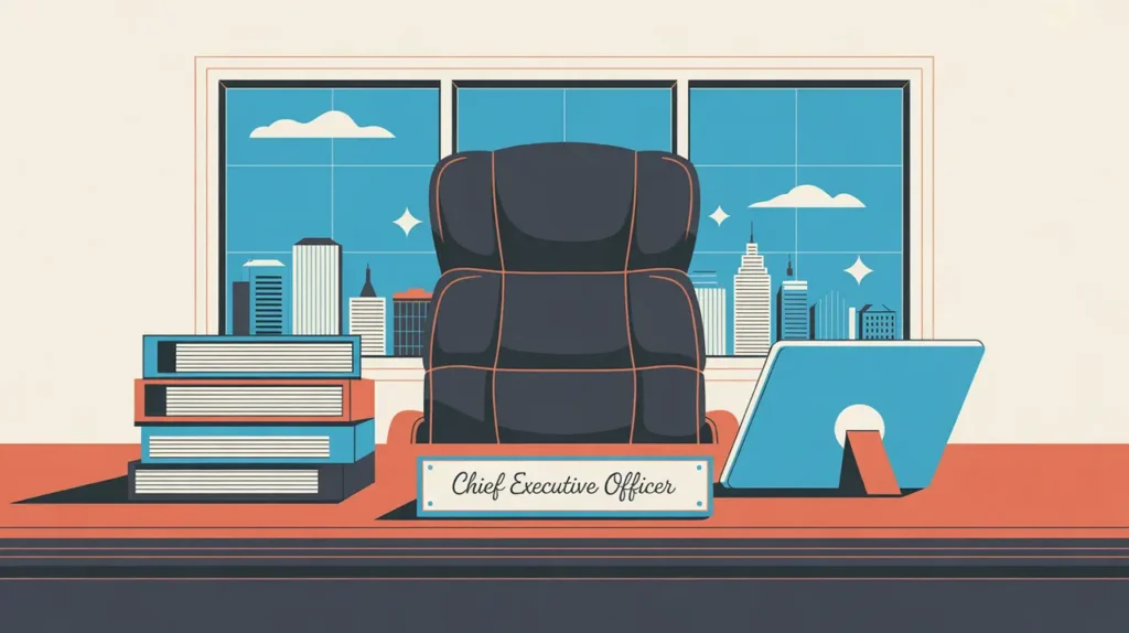 Illustration of a chief executive officer desk nameplate with leadership paths and glowing horizon