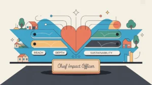 Illustration of chief impact officer desk with impact dashboard and community icons