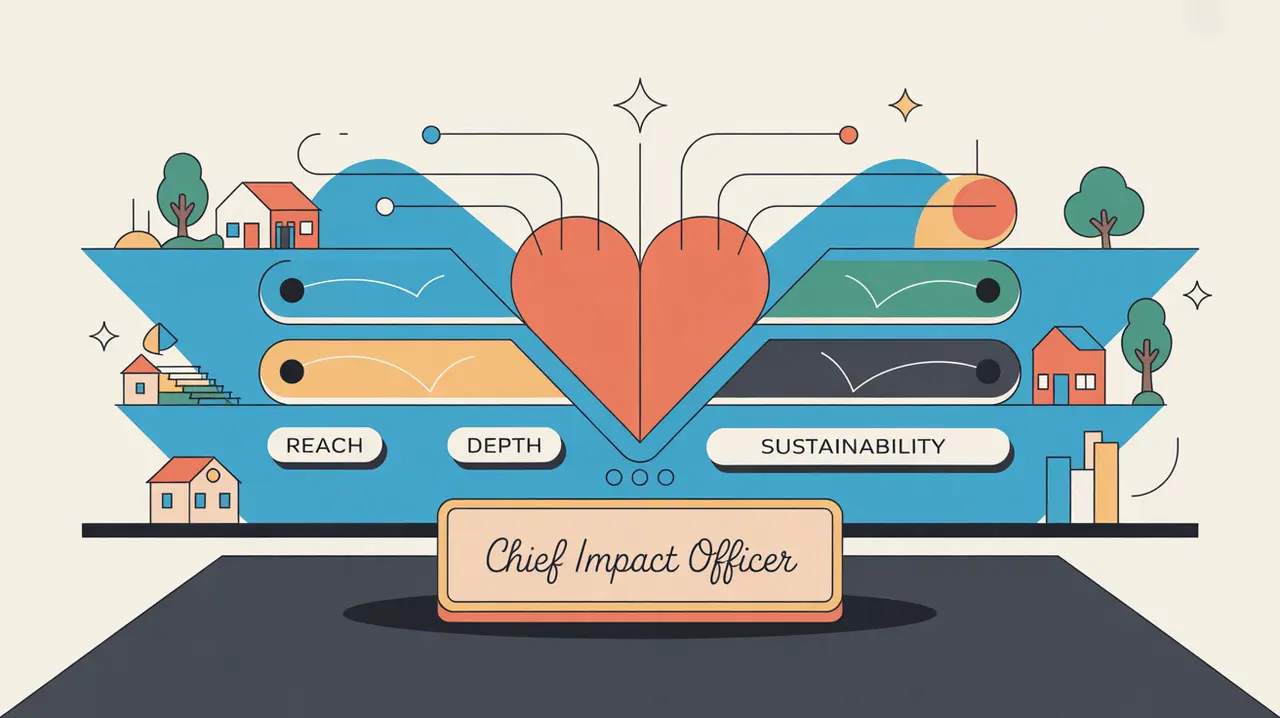 Illustration of chief impact officer desk with impact dashboard and community icons