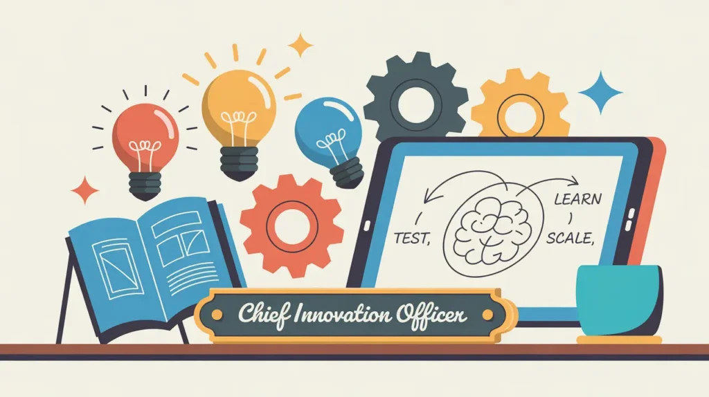 Illustration of chief innovation officer workspace with idea bulbs and prototype blueprints