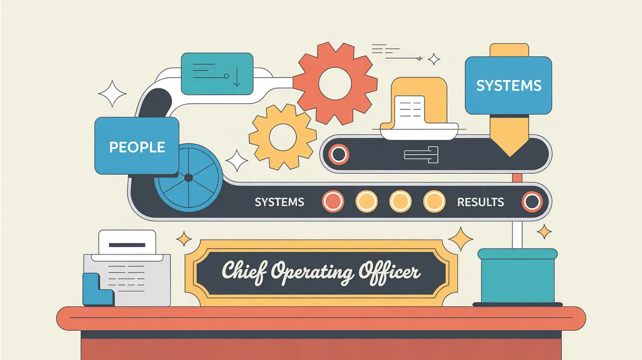 Illustration of chief operating officer desk nameplate with gears and process diagrams