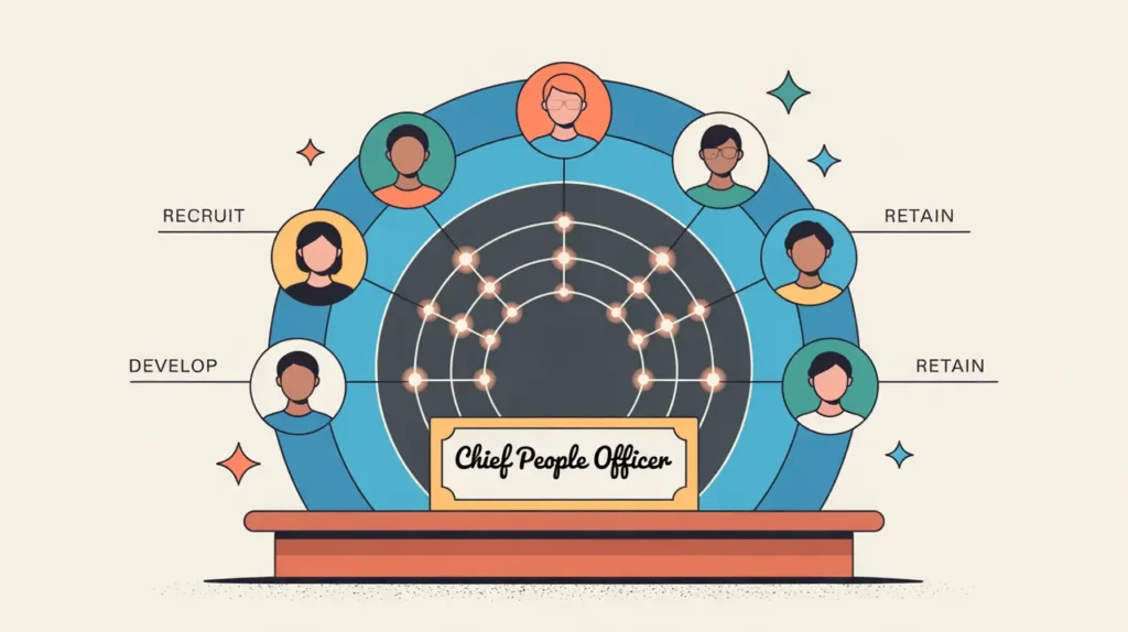 Illustration of chief people officer desk nameplate with connected profile icons and workforce orbit symbols