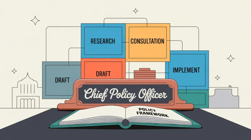 Illustration of chief policy officer desk with policy framework and legislative blueprint