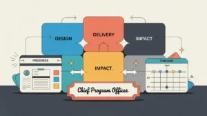 Illustration of chief program officer desk with program modules and progress dashboard