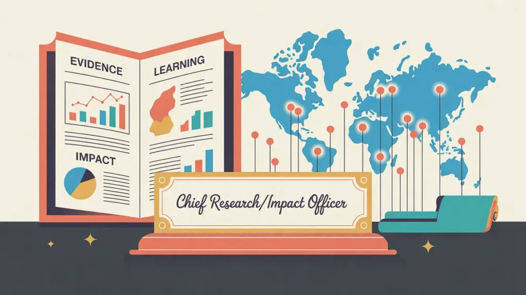 Illustration of chief research impact officer desk with research reports and global data visualization