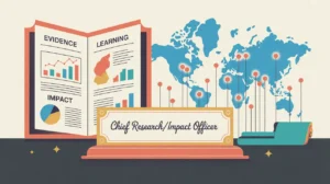 Illustration of chief research impact officer desk with research reports and global data visualization
