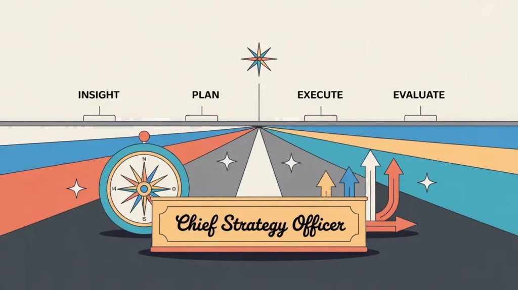 Illustration of chief strategy officer desk with roadmap and compass