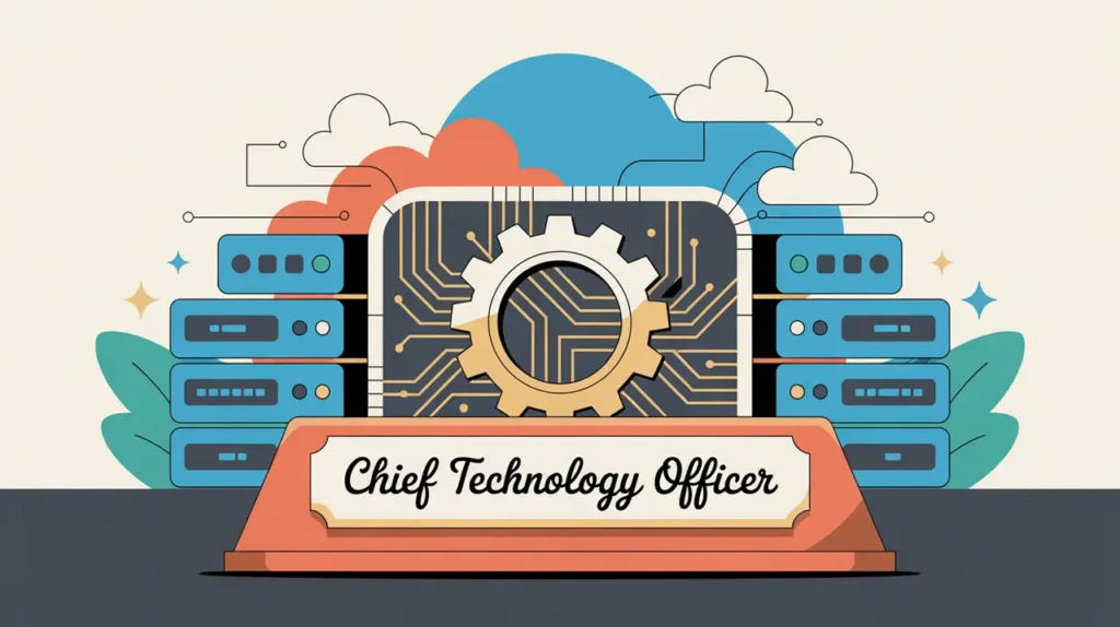 Illustration of chief technology officer desk with network and technology symbols