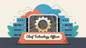 Illustration of chief technology officer desk with network and technology symbols
