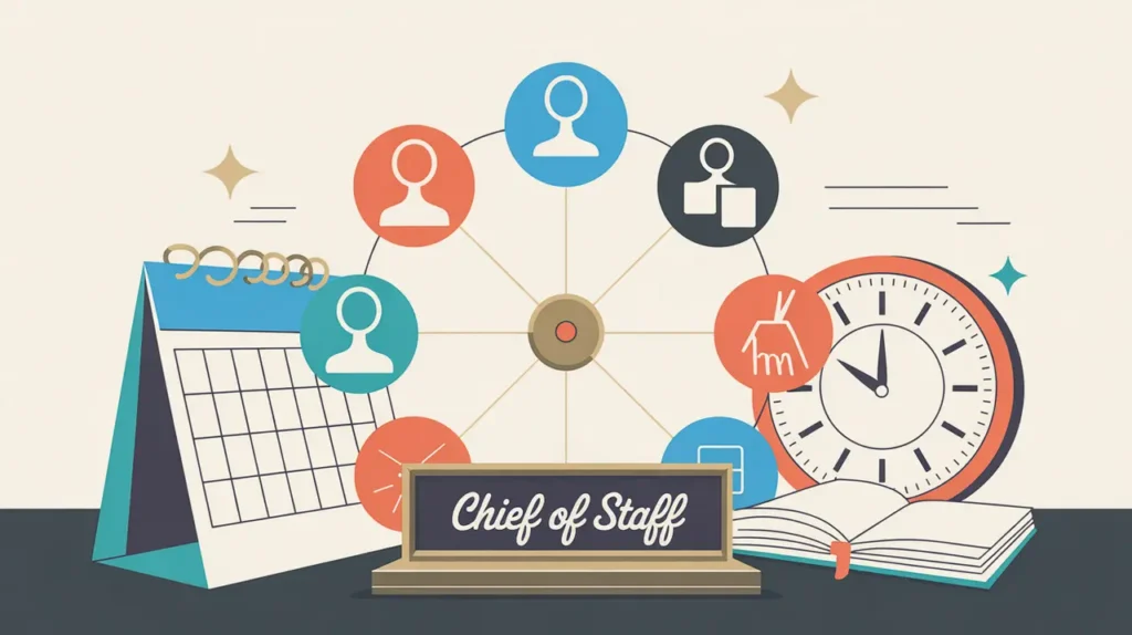 Illustration of chief of staff desk with coordination board and organizational icons