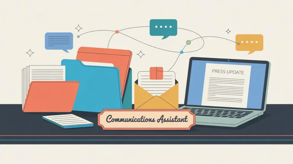 Illustration of communications assistant desk with laptop and message icons
