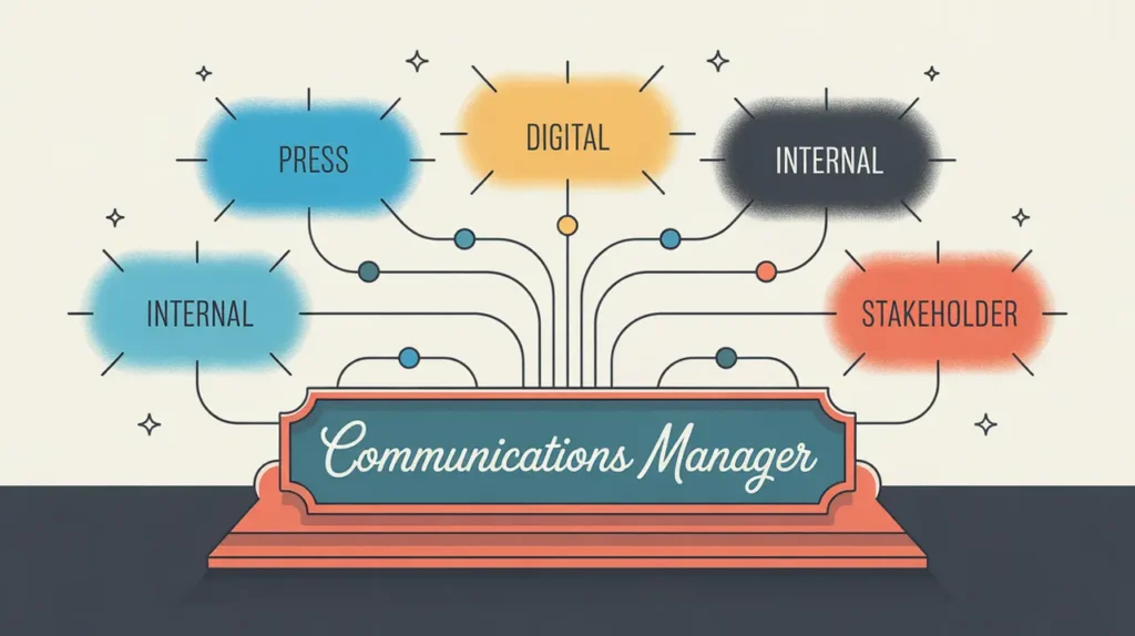 Illustration of communications manager desk nameplate with network map of communication channels