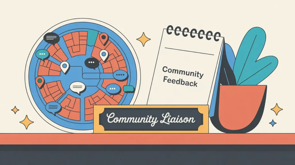 Illustration of community liaison desk with map and feedback notepad