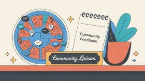 Illustration of community liaison desk with map and feedback notepad