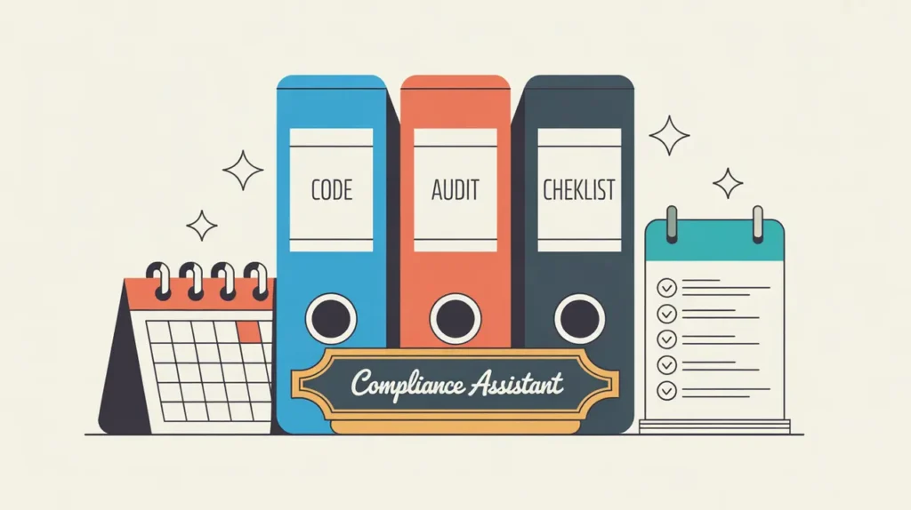Illustration of compliance manager desk nameplate with workflow diagram and shield icon