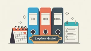 Illustration of compliance manager desk nameplate with workflow diagram and shield icon