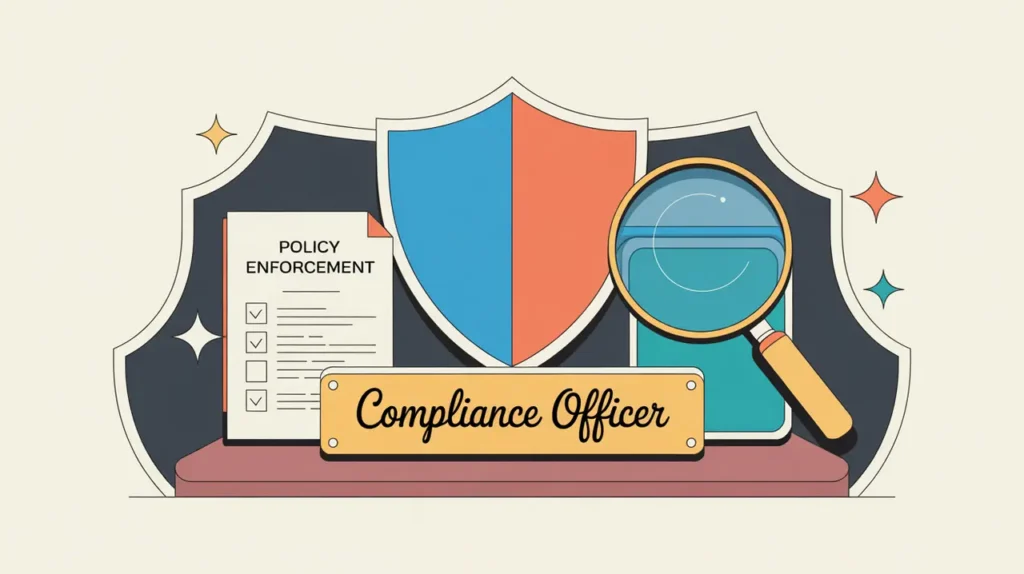 Illustration of compliance officer desk with policy documents and digital checklist