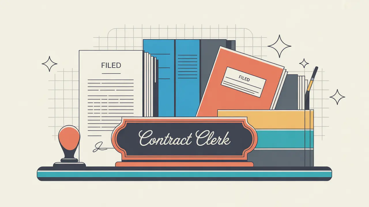 Desk nameplate reading contract clerk with organized contract documents and filing tray