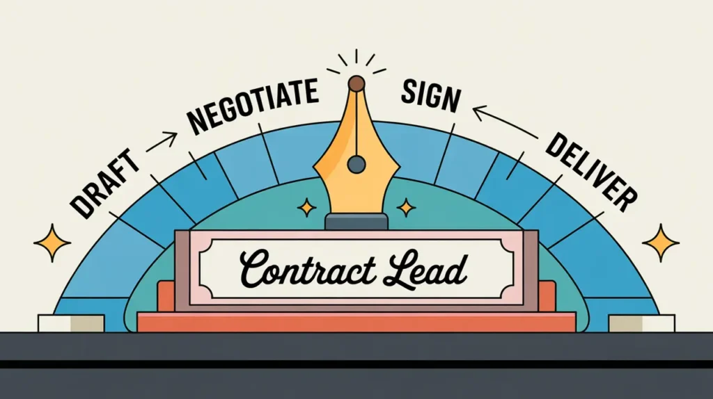 Illustration of contract lead desk nameplate with contract process flow diagram
