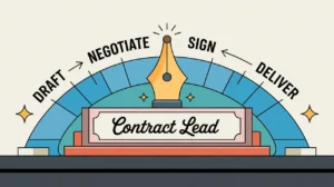 Illustration of contract lead desk nameplate with contract process flow diagram