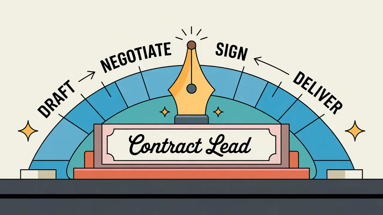 Illustration of contract lead desk nameplate with contract process flow diagram