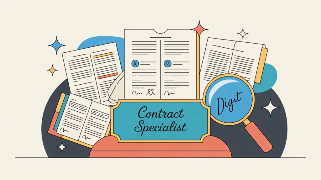 Desk nameplate reading contract specialist with agreements and magnifying glass