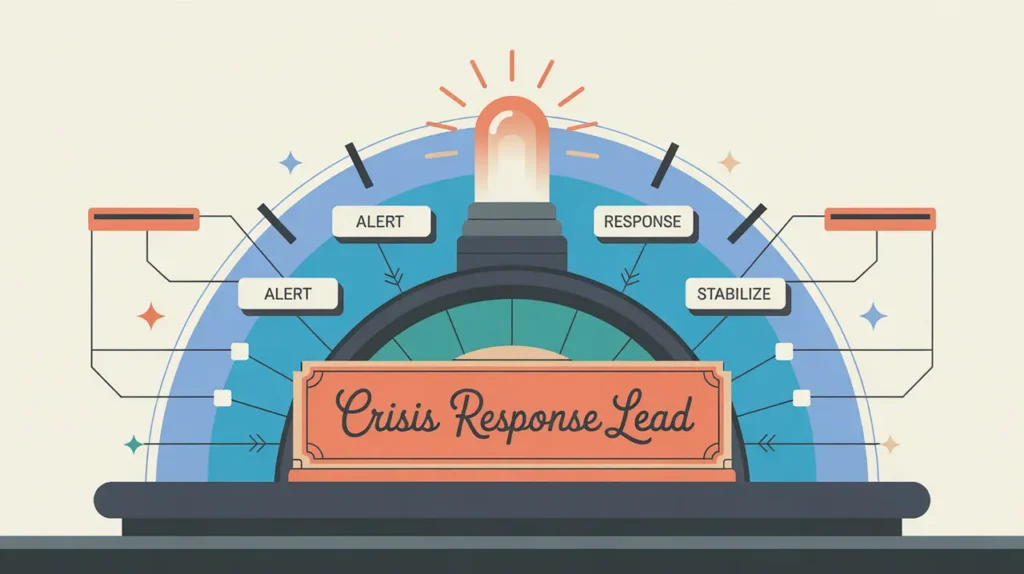 Illustration of crisis response lead dashboard with alert and communication indicators