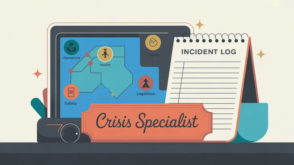 Illustration of crisis specialist desk with digital operations map and incident log