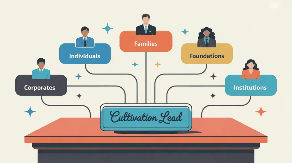 Illustration of cultivation lead desk nameplate with donor relationship paths and partnership nodes
