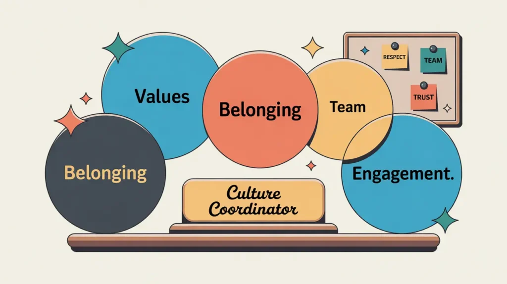 Illustration of culture coordinator desk with values and engagement concepts