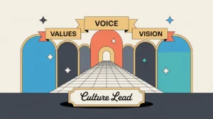 Illustration of culture lead desk nameplate with values voice vision banners