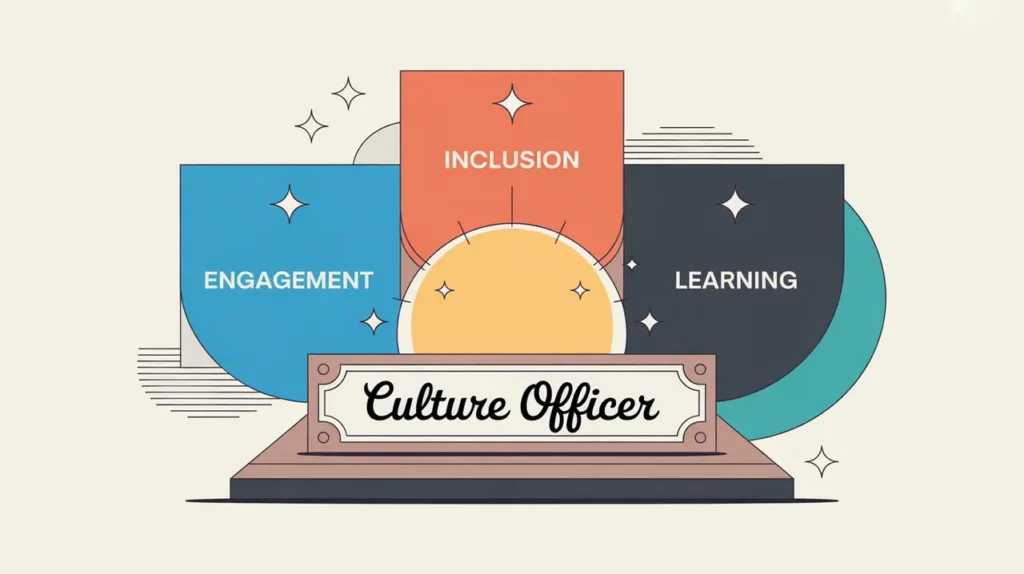 Illustration of culture officer desk nameplate with workplace metrics panels