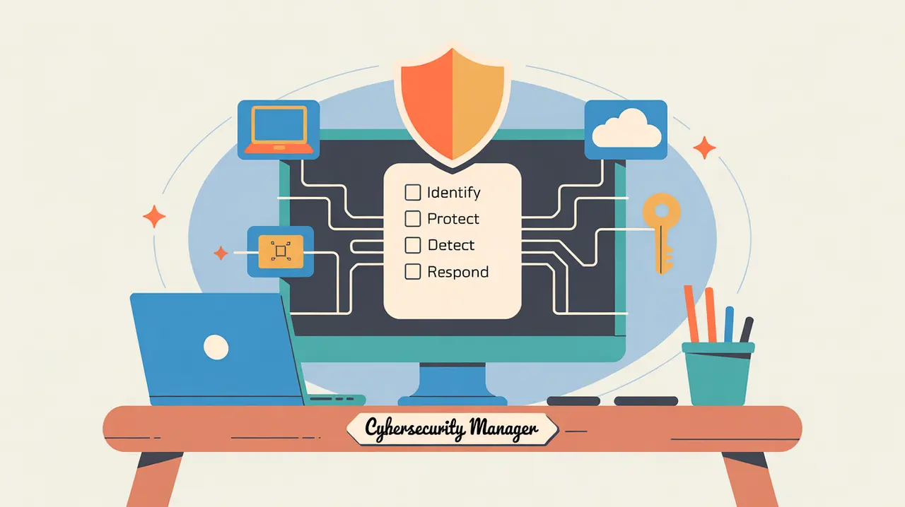 Illustration of cybersecurity manager desk with shield and security icons