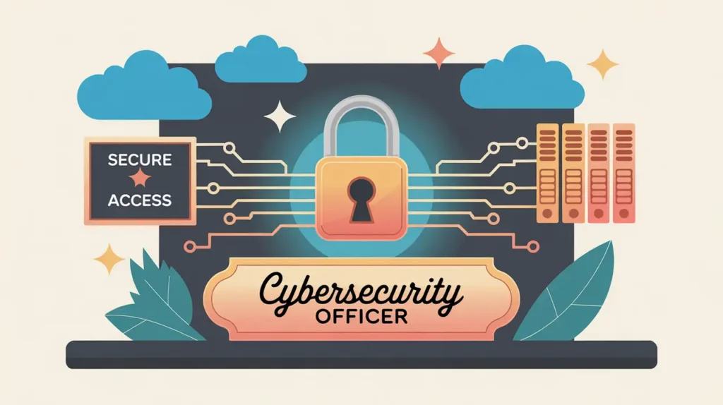 Illustration of cybersecurity officer desk with digital padlock and network icons