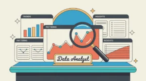 Desk nameplate reading data analyst with dashboards and magnifying glass