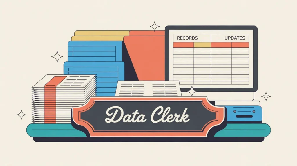 Illustration of a data clerk desk with computer and data records