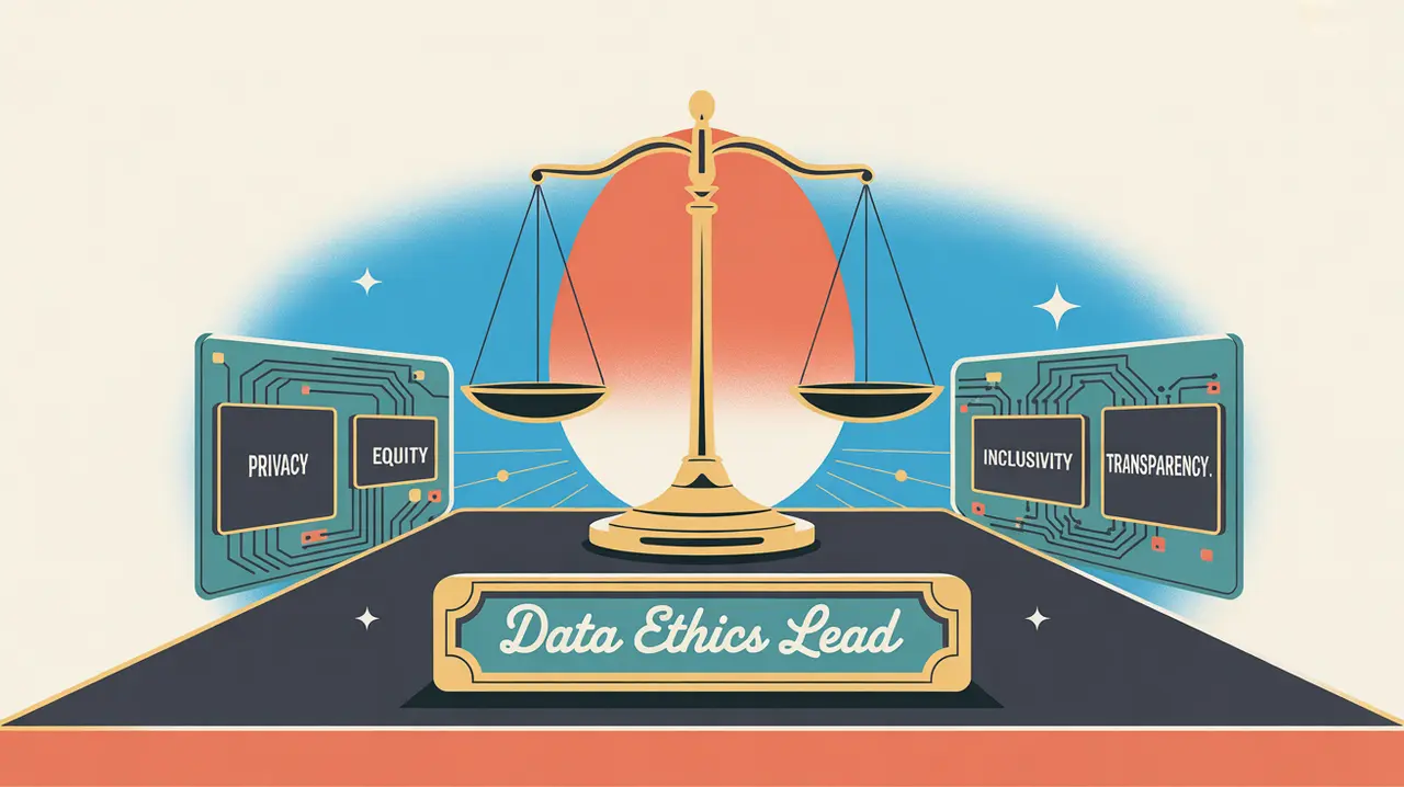 Balanced scales over circuit board labeled Privacy Equity Transparency