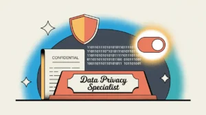 Desk nameplate reading data privacy specialist with confidential document and digital shield