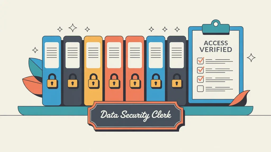 Desk nameplate reading data security clerk with encrypted folders and checklist