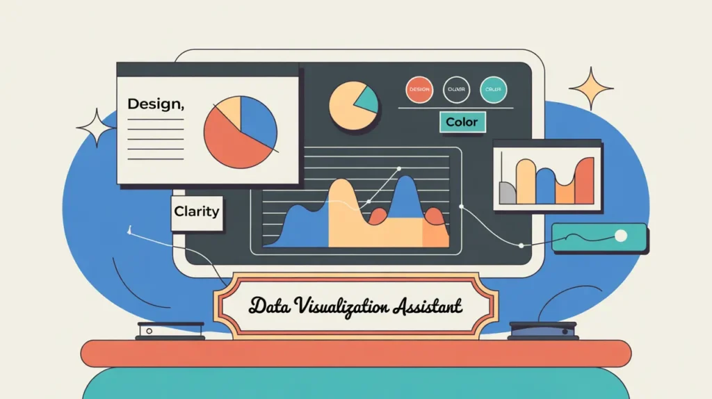 Desk nameplate reading data visualization assistant with charts and design icons on monitor