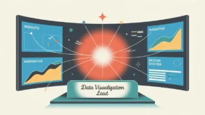 Illustration of data visualization lead desk with panoramic analytics dashboards