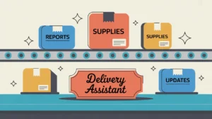 Desk nameplate delivery assistant with labeled parcels on conveyor belt