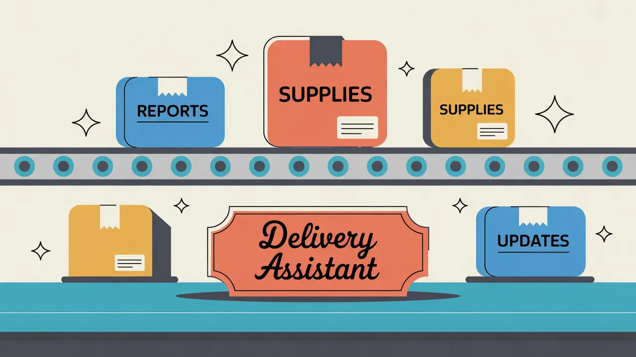 Desk nameplate delivery assistant with labeled parcels on conveyor belt
