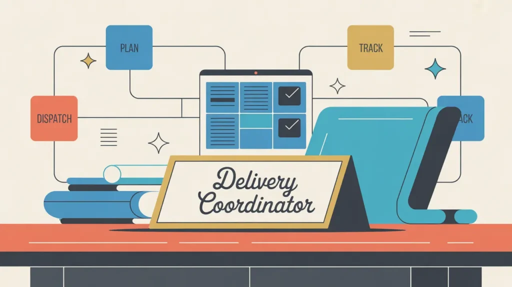Illustration of delivery coordinator workflow with desk nameplate and dashboard