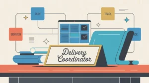 Illustration of delivery coordinator workflow with desk nameplate and dashboard