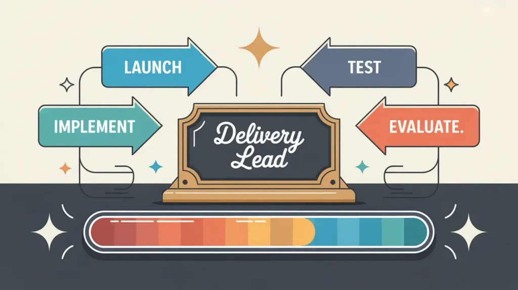 Illustration of delivery lead desk nameplate with project milestones and progress bar