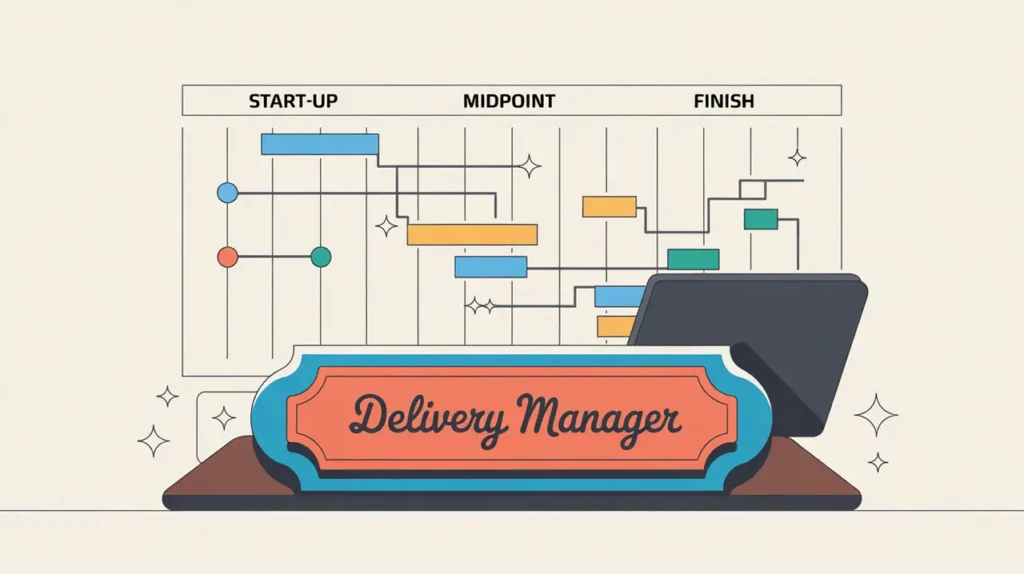 Illustration of delivery manager desk nameplate with Gantt-style project board