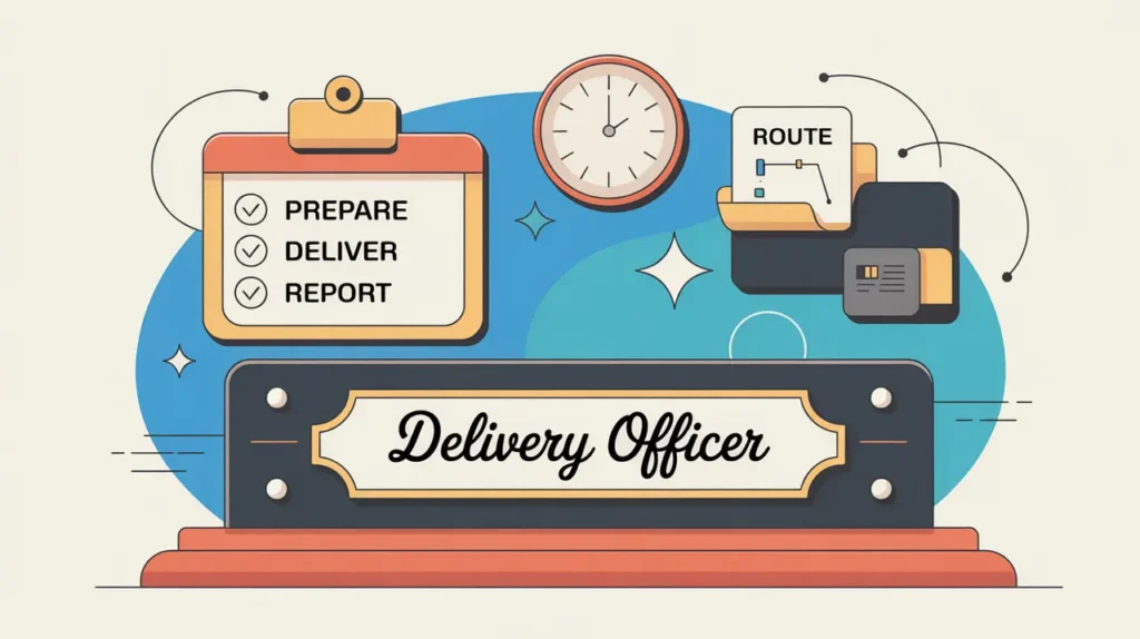 Illustration of delivery officer desk with task board and clock